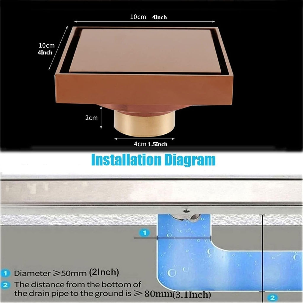 4 Inch Invisible Shower Floor Drain Brass Shower Drain with Tile Insert Grate Removable Cover Hair Catcher Strainer, Square Floor Drainer with Hair Strainer