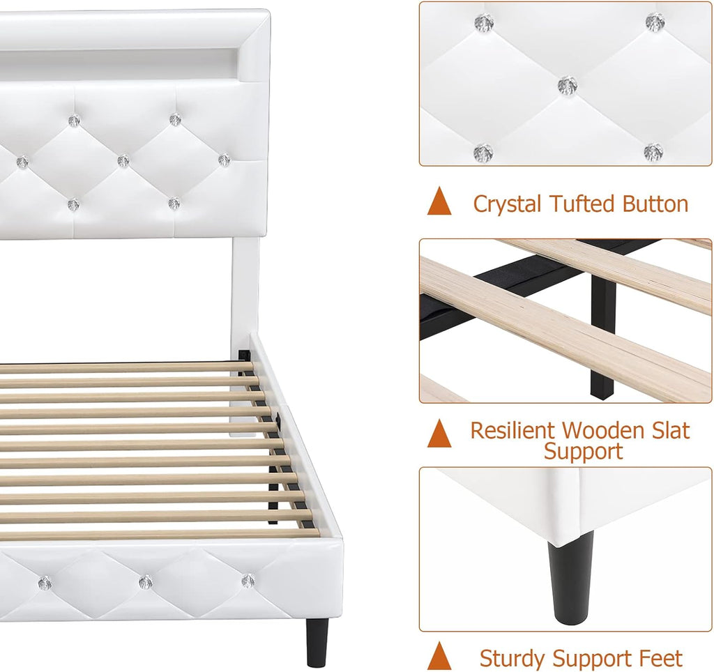 Keyluv Modern Upholstered Queen Bed Frame with LED Lights, Faux Leather Low Profile Platform Bed Frame, Adjustable Crystal Button Tufted Headboard, Strong Wood Slat Support, Easy Assembly, White