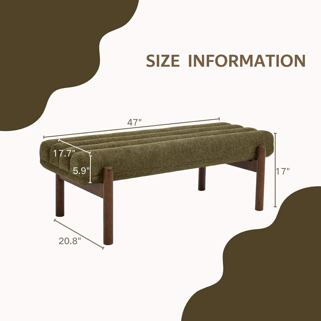 ROCITY Green Upholstered Bench Modern End of Bed Bench Chenille Fabric Bedroom Bench for Entryway Living Room Vanity Makeup Room, 47' Long, Wooden Legs