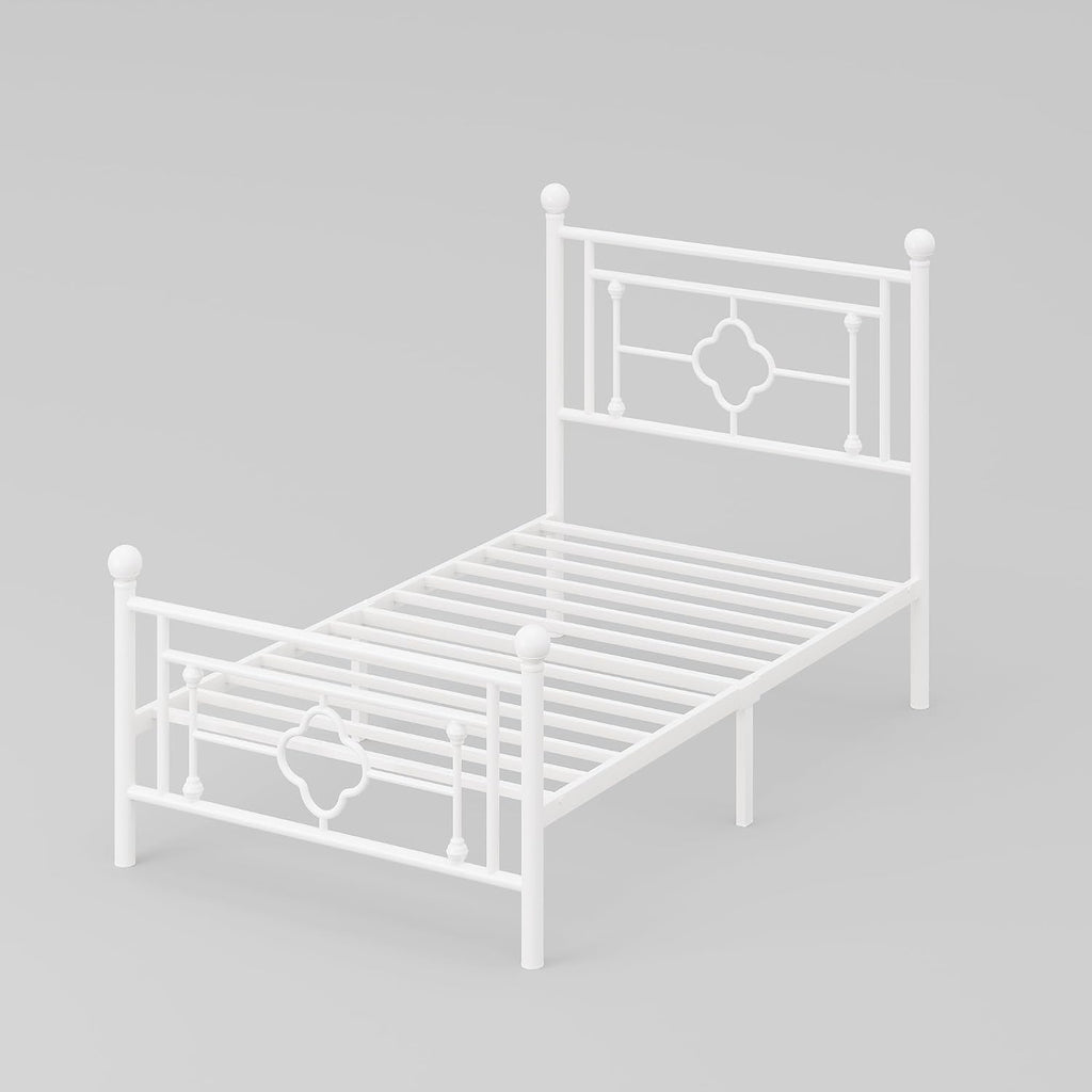 HOOMIC 14 Inch Twin Size Metal Platform Bed Frame, Vintage Victorian Style, Wrought Iron Headboard and Footboard/Mattress Foundation for Storage/No Box Spring Required/Easy Assembly/White