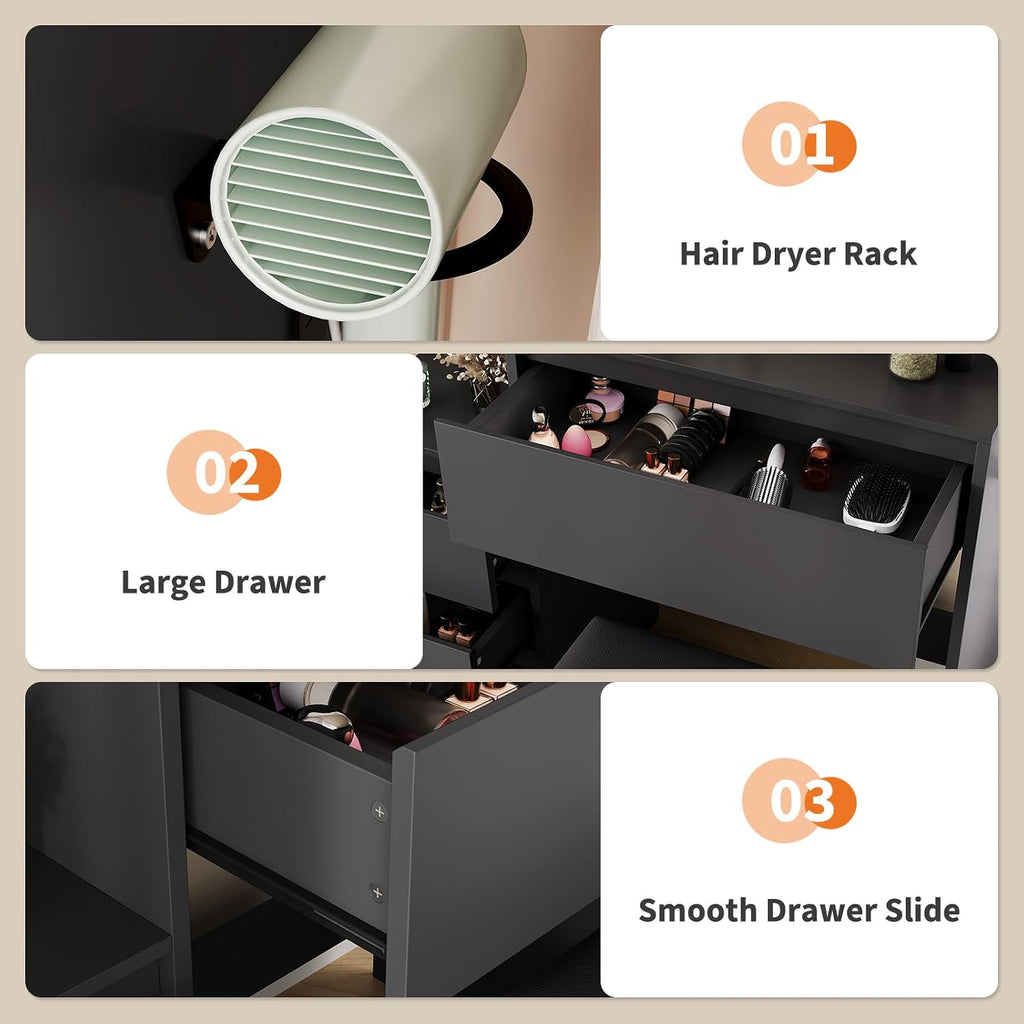 Vanity Desk With Mirror and LED Lights, 36-Inch Makeup Vanity Desk, Power Outlet, USB Ports, Stool, 3 Color Adjustable Light, Dressing Table With 4 Drawers, Storage Shelves for Bedroom, Women, Black