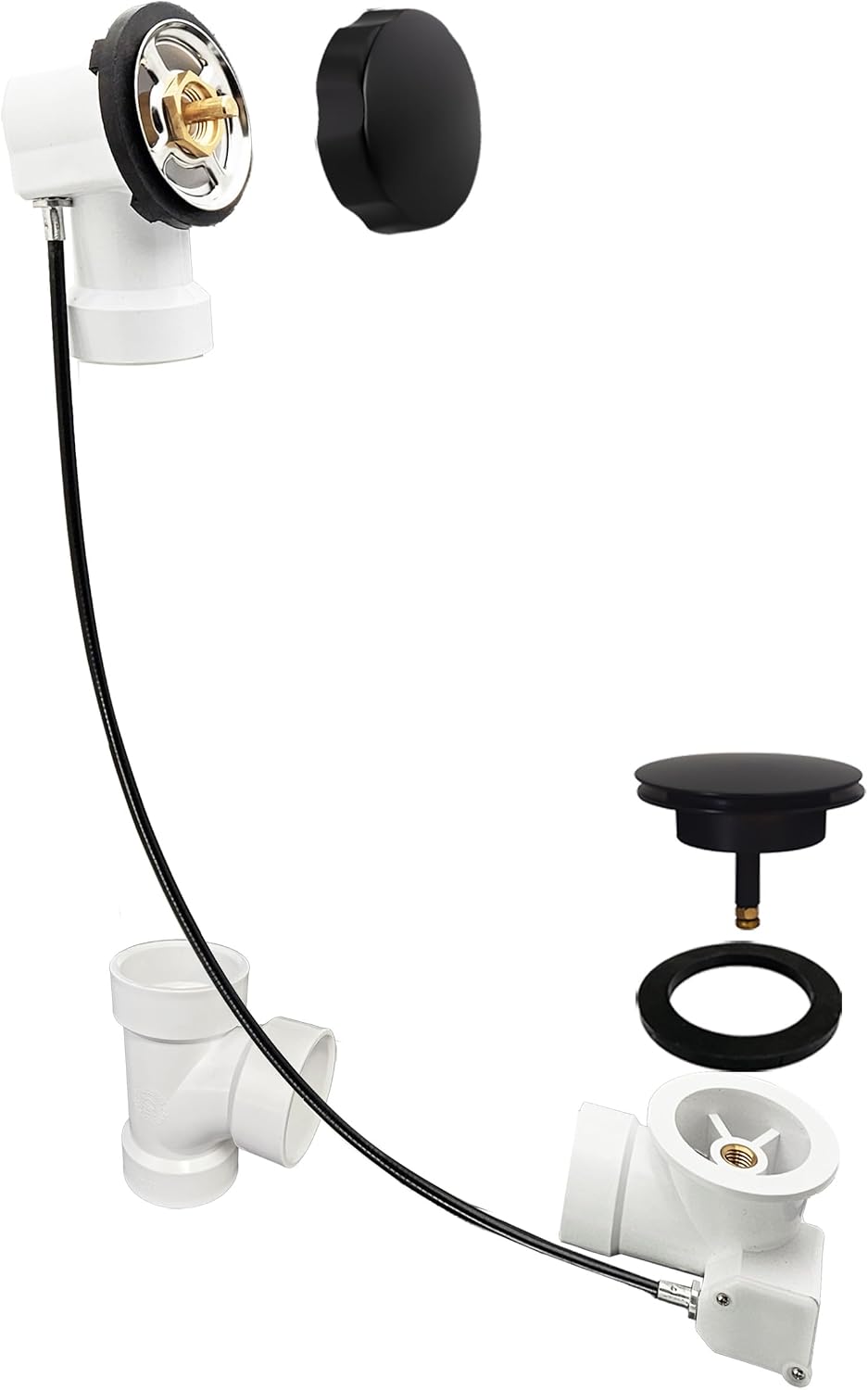 Westbrass A50P45-62 45' SCH. 40 PVC Cable Driven Bath Drain Trim Kit with Rotary Overflow Cover Knob and Pop-Up Stopper, Matte Black