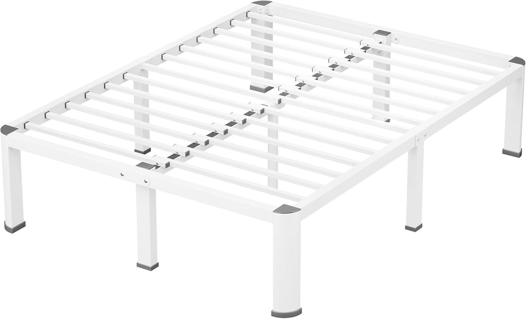 VIPSHOW 14 Inch White Queen Heavy Duty 3500 lbs Bed Frame with Round-Corner Legs & Anti-Squeak Design – Quick Assembly Metal Platform, No Box Spring Needed