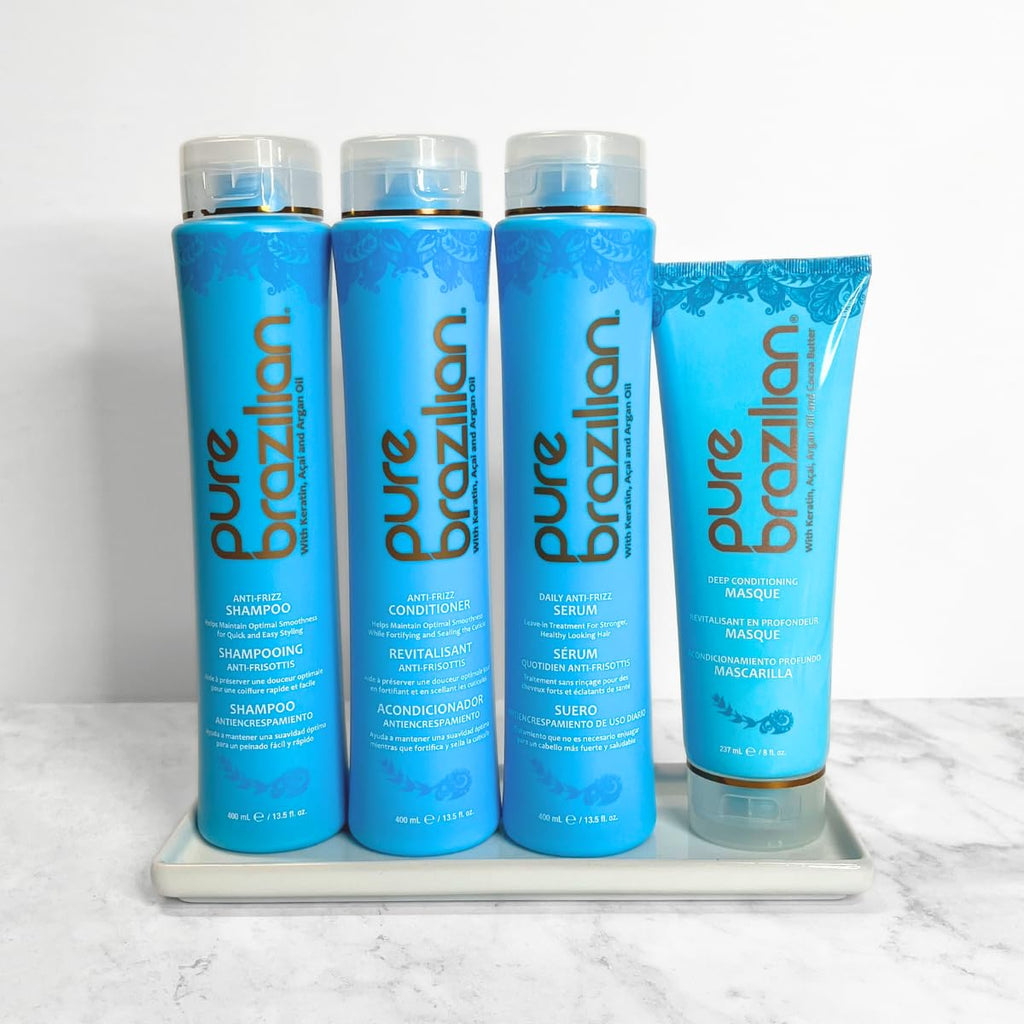 Pure Brazilian - 4 Piece Essential Home Care Kit - Anti Frizz Serum, Shampoo, Conditioner, And Deep Conditioning Masque- With Keratin, Argan Oil, And Acai
