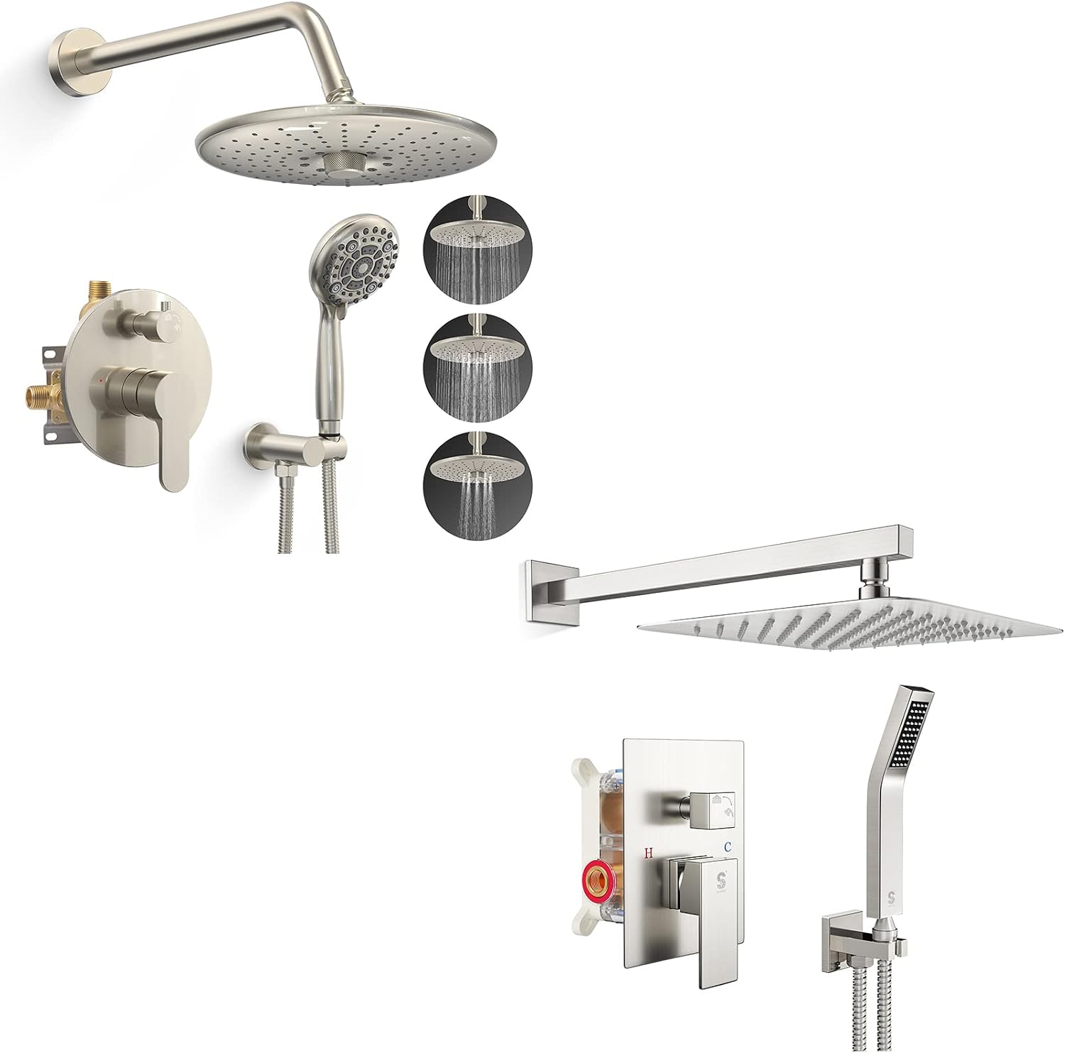 SR SUN RISE 10 Inch Rain Shower System and 3-Function Shower Faucet Set, Wall Mounted Shower System with Rough in Valve and Trims, Brushed Nickel