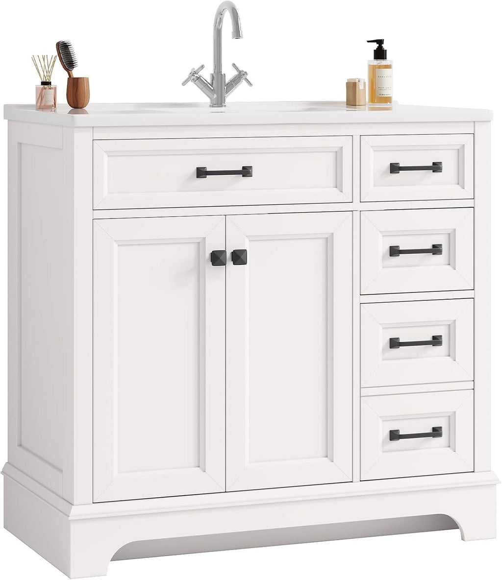 ONBRILL 36' Luxurious Bathroom Vanity with Ceramic Sink, Modern Freestanding Bathroom Single Sink Vanities Cabinet with 2 Soft Closing Doors & 2 Drawers, Adjustable Shelf & Paint Surface (White)