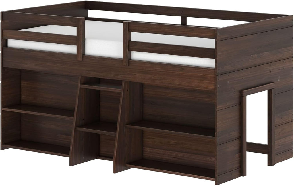 Max & Lily Modern Farmhouse Low Loft Bed, Twin Bed Frame for Kids with 2 Bookcases, Barnwood Brown