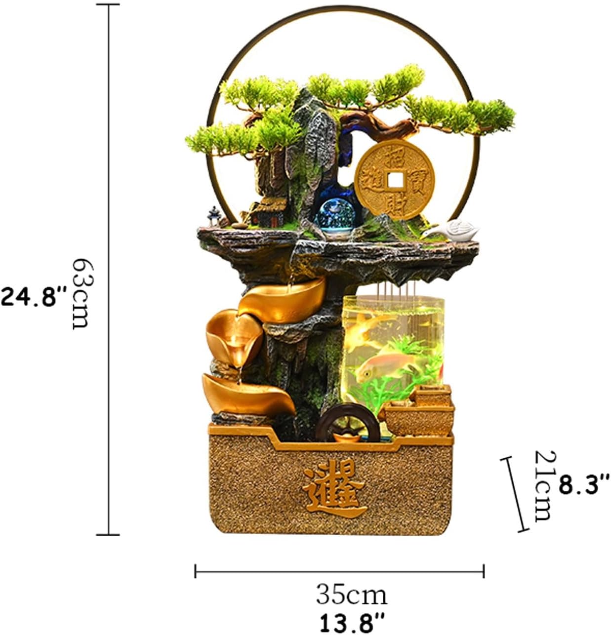 3 Tier Gold Ingot Circulating Fountain Tabletop Rockery Fountain w/LED Light, Fish Tank, LED Light, Fake Plants, Atomizing Humidifier