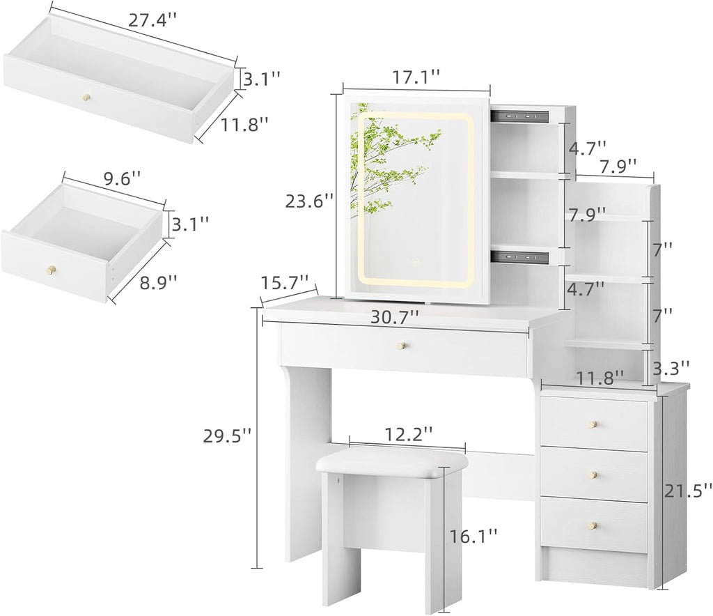 Memobarco Vanity Desk with Mirror and Lights, Makeup Vanity with 3 Adjustable Lighting Modes, Small Vanity Desk with Sliding Mirror, 4 Drawers, 7 Shelves, Vanity Chair for Bedroom White