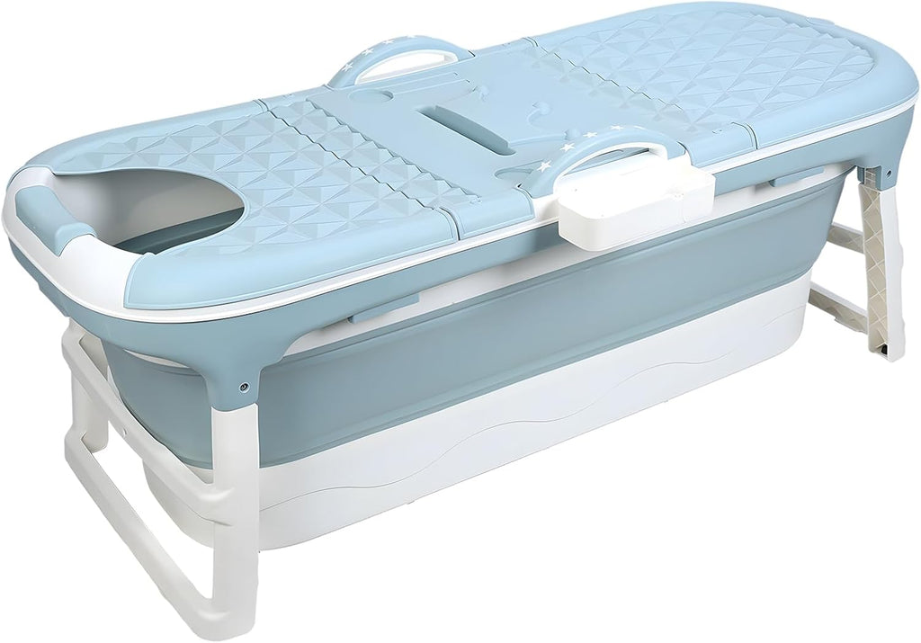 50' Foldable Bathtub for Adults, Large Portable Bath tub with Storage Basket, 1.3 Meter Foldable Bathtub with Thermal Cover for Indoor/Outdoor Use (Blue-50in)