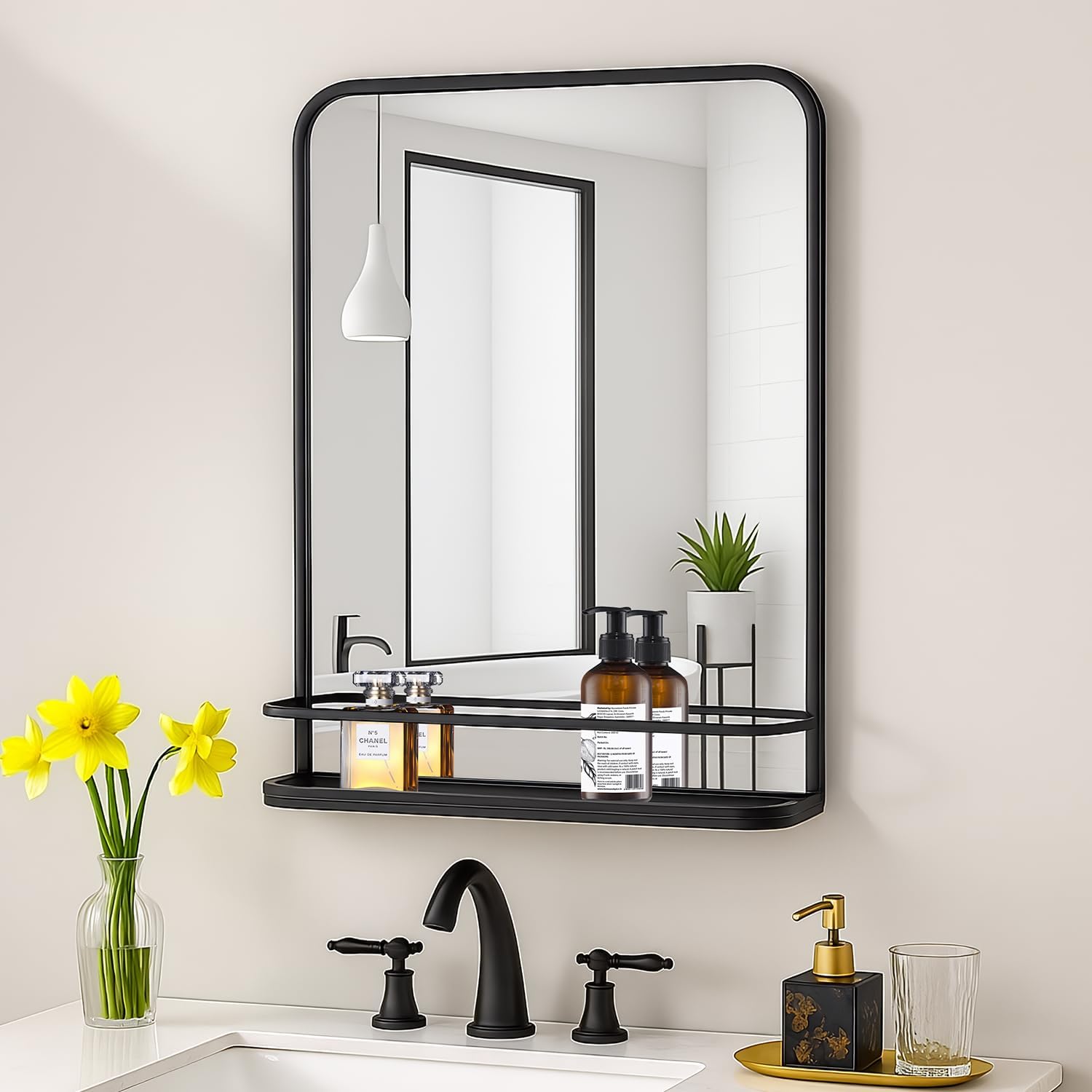 VASUHOME Black Bathroom Mirror with Shelf, 26'x38' Wall Mounted Vanity Mirror with Metal Frame & Rounded Corners, Storage Shelf for Bathroom, Bedroom, Living Room, Entryway