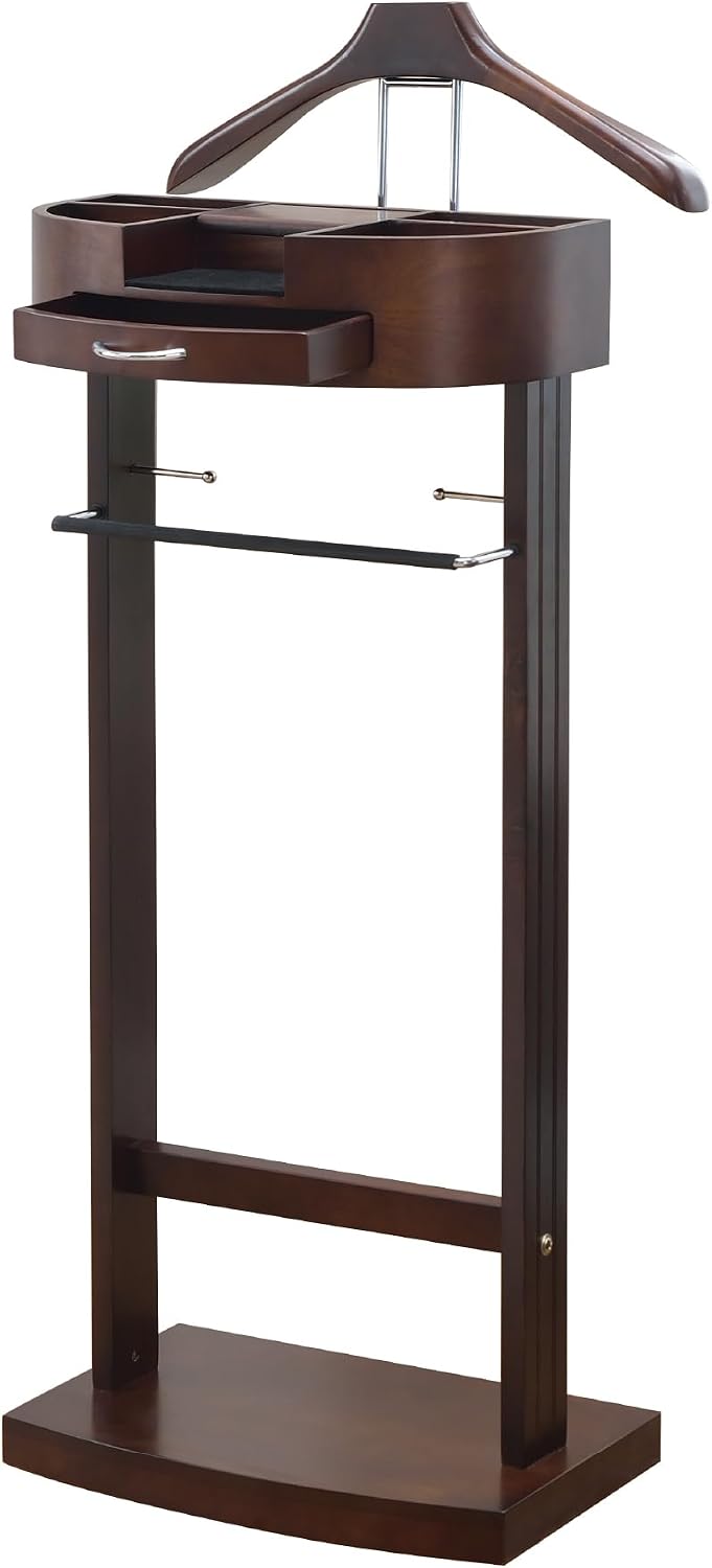 Proman Products - Crescent Moon Valet, Mens Valet Stand with Drawer, Top Tray, Contour Hanger, Trouser Bar, Belt Hooks & Shoe Rack, Accessory & Clothes Organizer (Mahogany)
