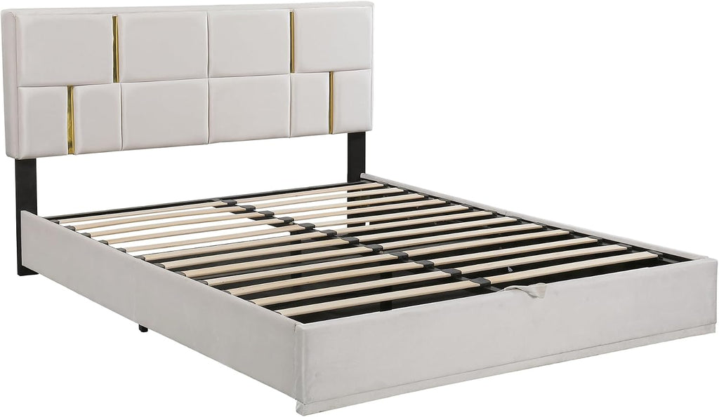 Queen Size Hydraulic Lift Up Storage Bed Frame with Storage Bench, Velvet Upholstered Platform Beds with Headboard, Two Piece Bedroom Sets, Wooden Slats Support, No Box Spring Needed (Beige)