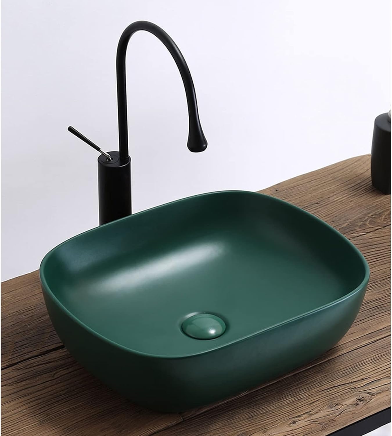 ULTRAWAVE Bathroom Sink Ceramic Art Basin Rectangle Bathroom Sink Matte Green Countertop Sink with Drainer Bathroom Accessories Counter Basin