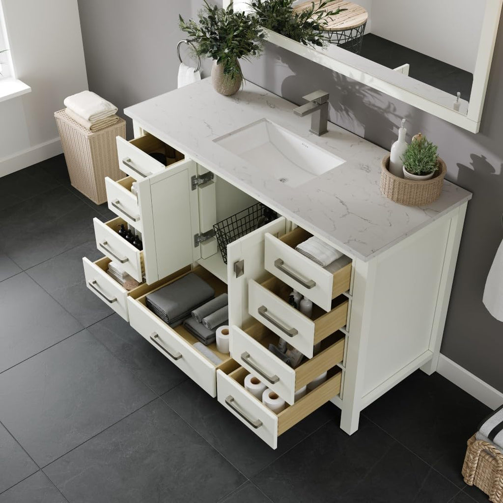 Eviva London 48 White Bath Vanity - Freestanding Countertop Quartz - Single Sink Bathroom Vanity with Porcelain Sink Combo