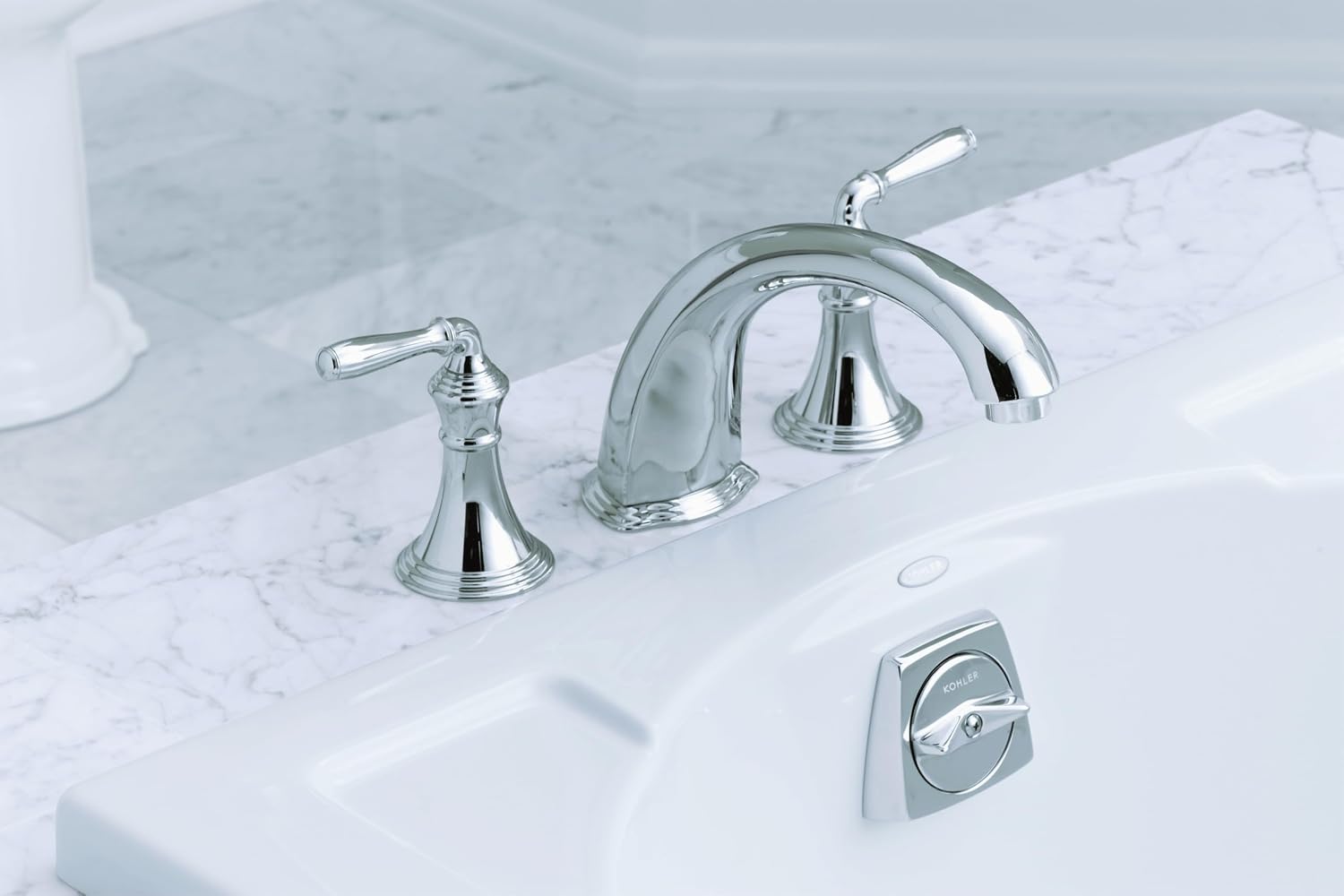 KOHLER T398-4-CP Devonshire Deck Mount Bath Faucet Trim, 3-Hole 2-Handle Bathtub Faucet, Nondiverter Spout, Polished Chrome
