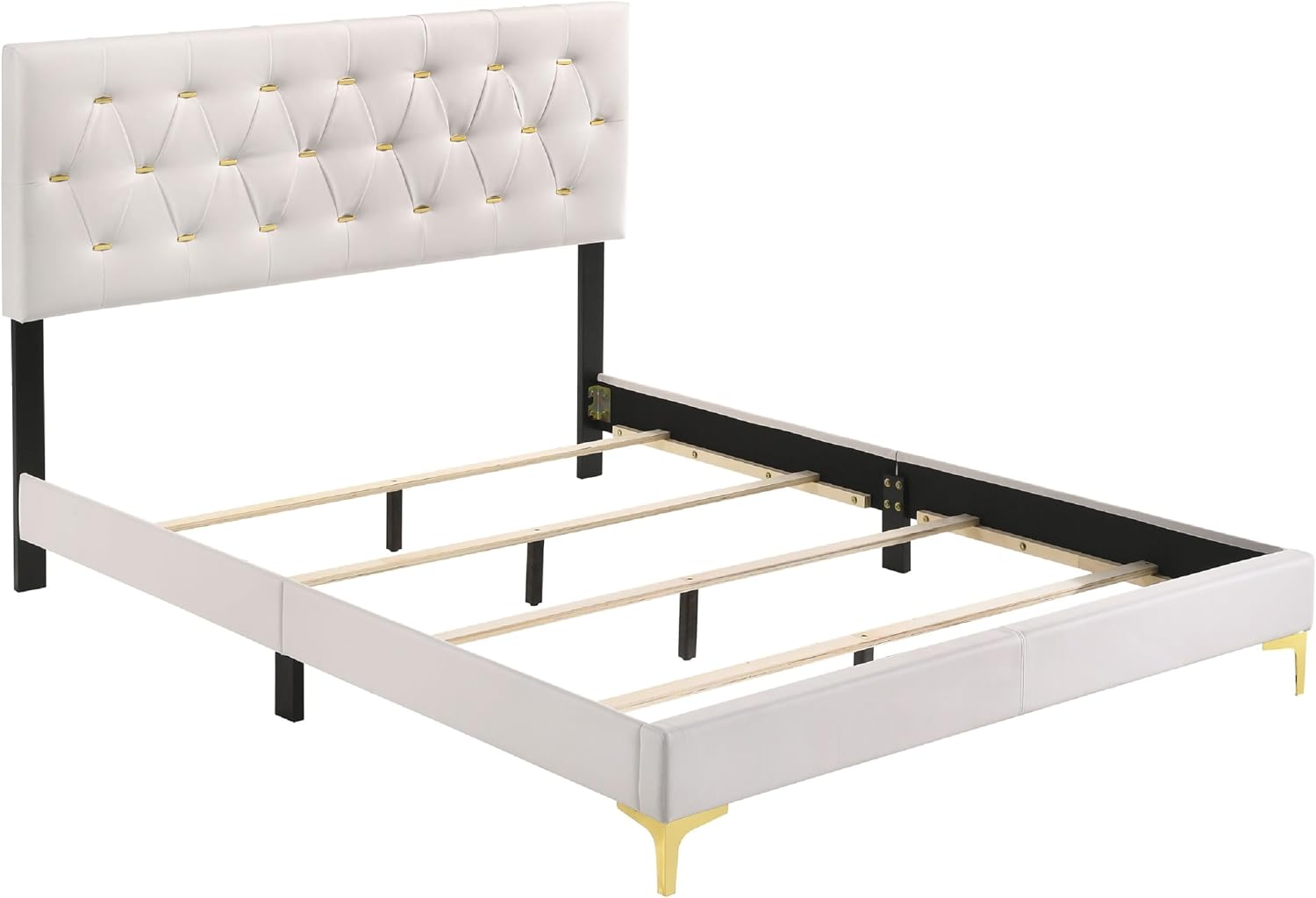 Benzara Dle 4 Piece Queen Bedroom Set, White Faux Leather, Modern Gold Accents