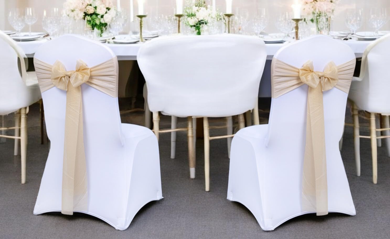 MDS® Pack of 100 Chiffon Chair Sashes Bows for Wedding Events Supplies, Decorations for Birthday Party, Graduation, Engagement, Chair Sashes fits Banquet Chair Cover Tie Back Band - Champagne Gold