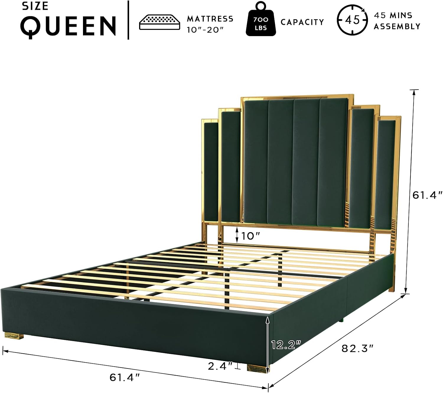 HOWE Queen Size Bed Frame and 61' Headboard, Upholstered Bed with Golden Plating Trim, Modern Platform Bed No Box Spring Needed, Green
