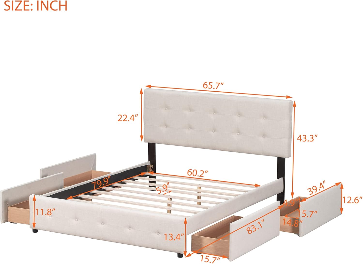 Merax Queen Size Beige Linen Fabric Upholstered Platform Bed with 4 Storage Drawers and Classic Headboard, No Box Spring Needed