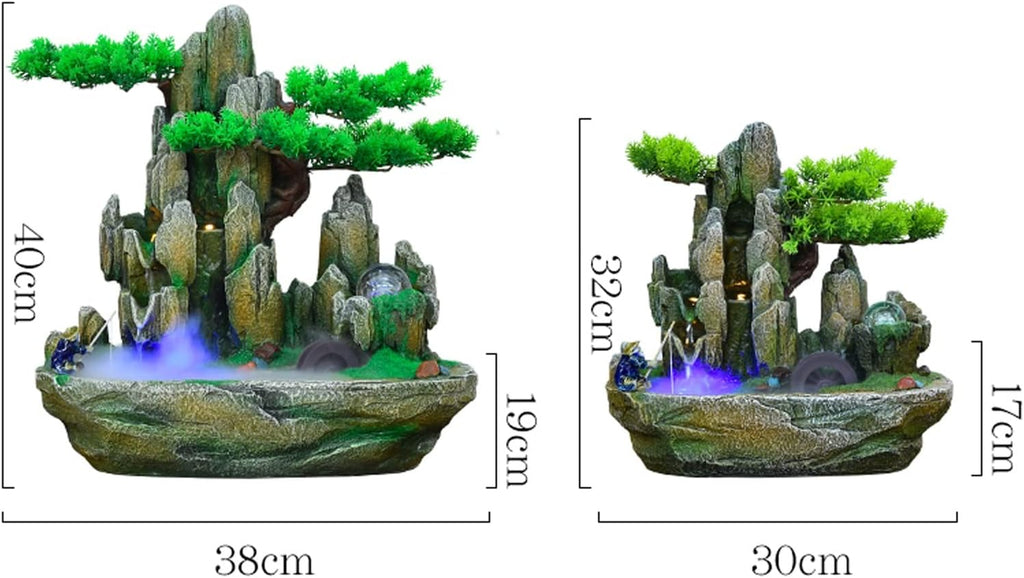 Desktop Fountain Indoor Fountain Tabletop Natural Waterfall Fake Tree Creative Simulation Resin Rockery for Office Home Desk Decoration(Small)