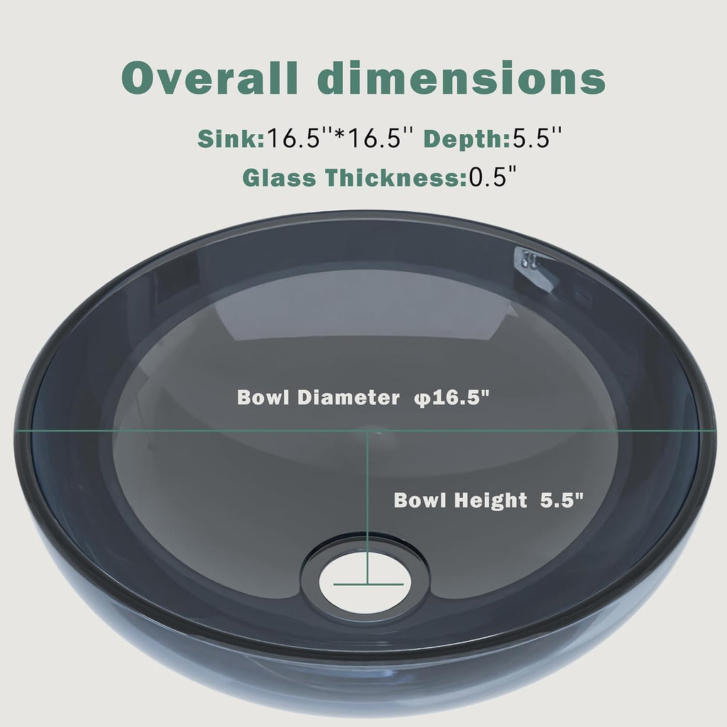 Design Vessel Sink Bathroom Sink above counter Small Vessel Sink Bathroom Sink Bowl Countertop Modern Sinks with faucet and drain combo 16.5' Round Transparent New
