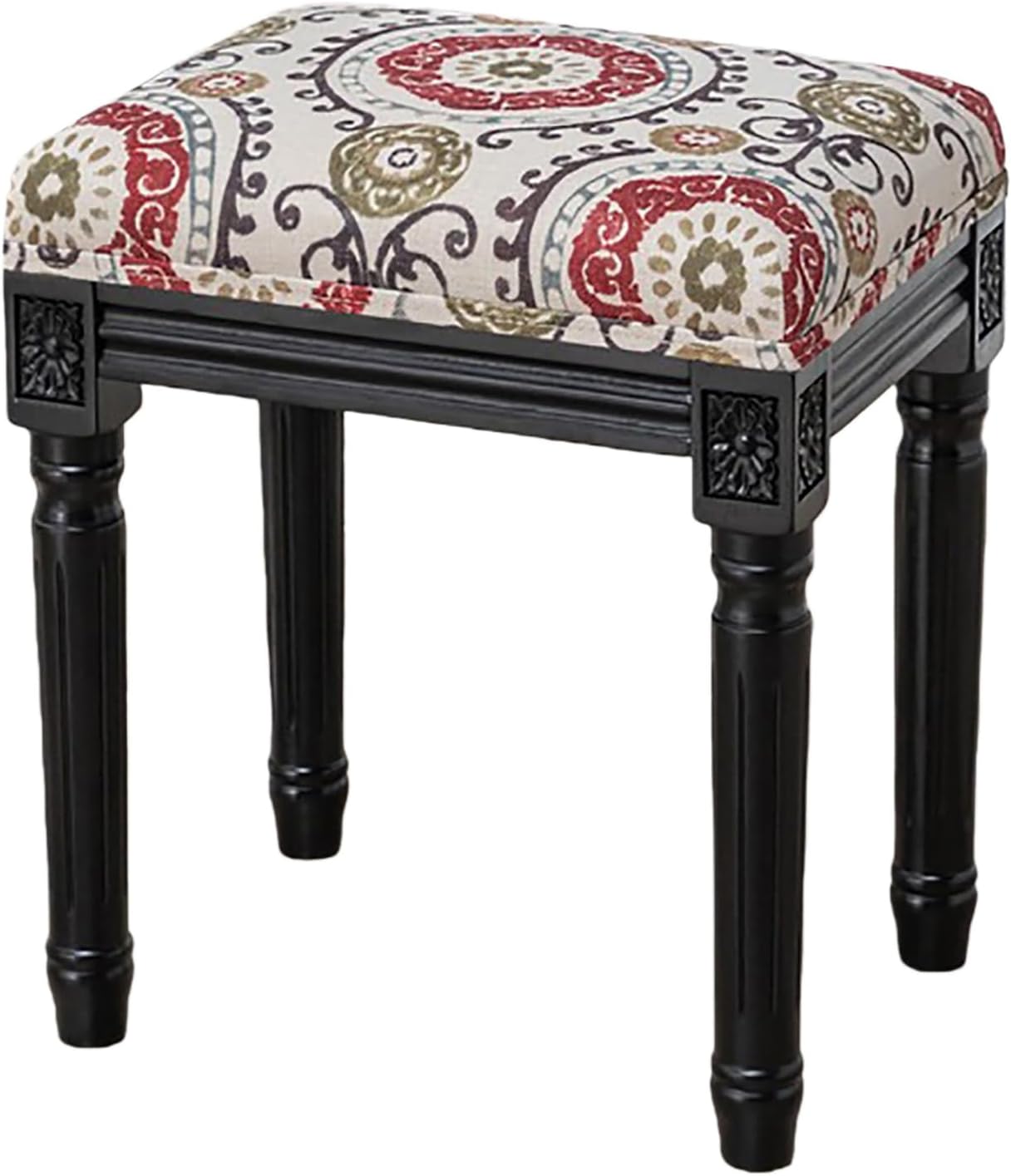 Upholstered Vanity Stool with Carved Dressing Makeup Bench with Solid Wood Legs Multi-Functional and Comfy Retro Bench Piano Seat for Bedroom, Bathroom, Vanity Table,Floral