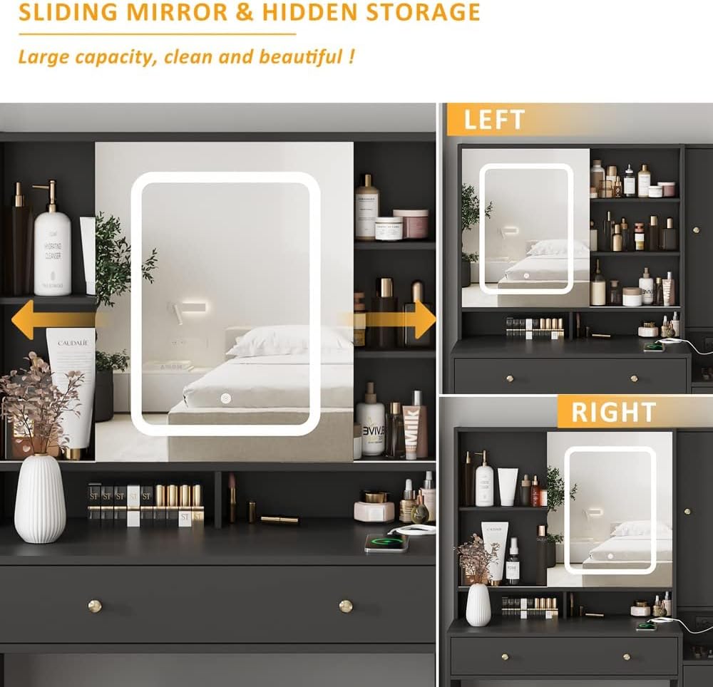 Vabches Vanity Desk with Mirror and Lights, Vanity Table Makeup Vanity with Lights 3 Drawers and Cabinets, Charging Station & Sliding Door, Lots Storage Shelves