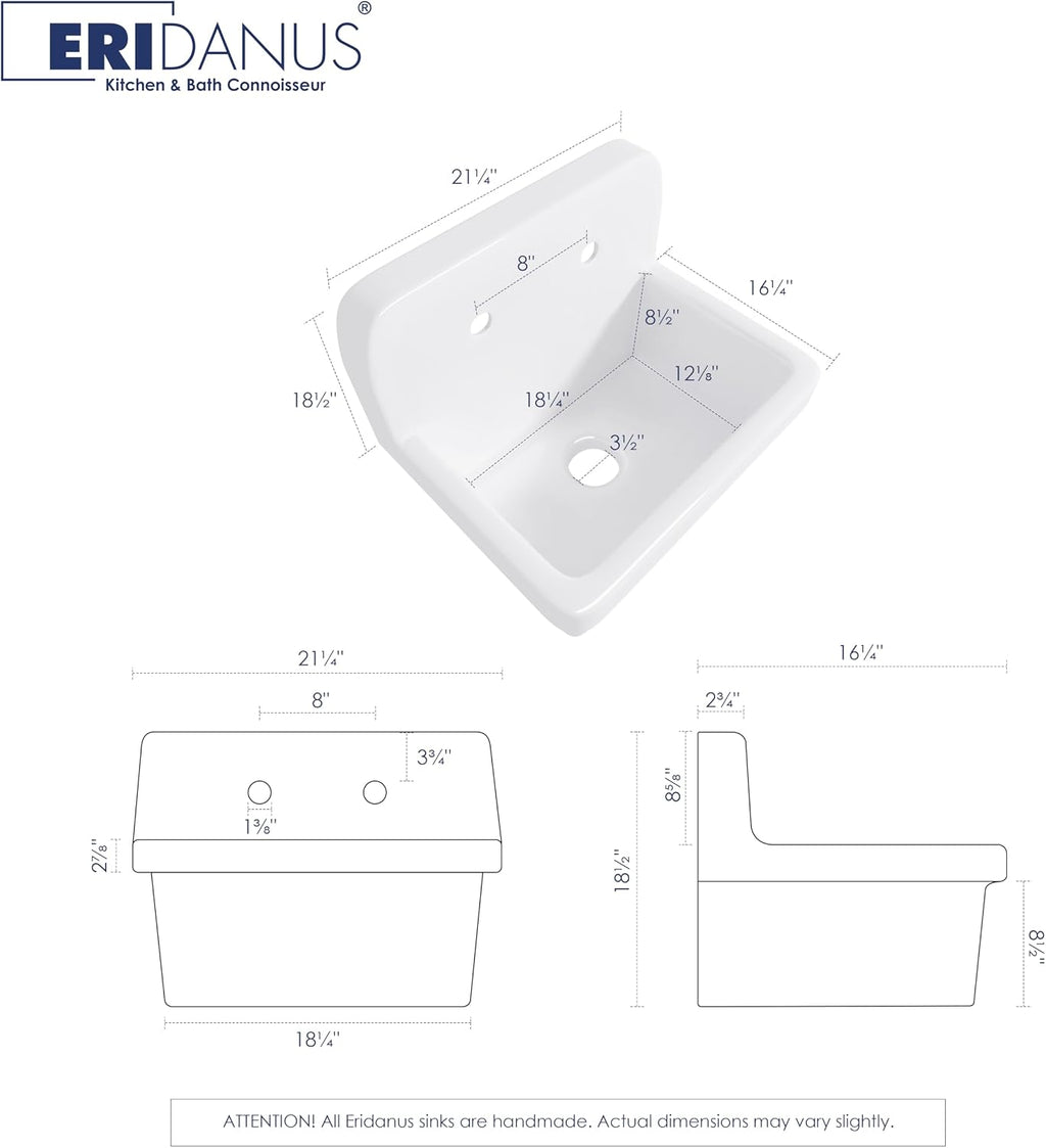 Eridanus 21 Inch Utility Sink, Wall Mounted Farmhouse Bathroom Sink, Modern Laundry Sinks Above Counter, 21' x 16' x 18.5' Floating Porcelain Ceramic Tub High Back for Garage, Washing Room, Kitchen