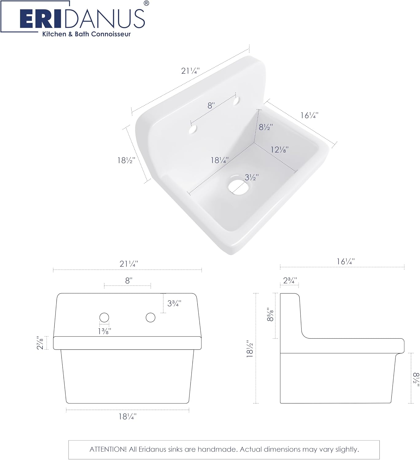 Eridanus 21 Inch Utility Sink, Wall Mounted Farmhouse Bathroom Sink, Modern Laundry Sinks Above Counter, 21' x 16' x 18.5' Floating Porcelain Ceramic Tub High Back for Garage, Washing Room, Kitchen
