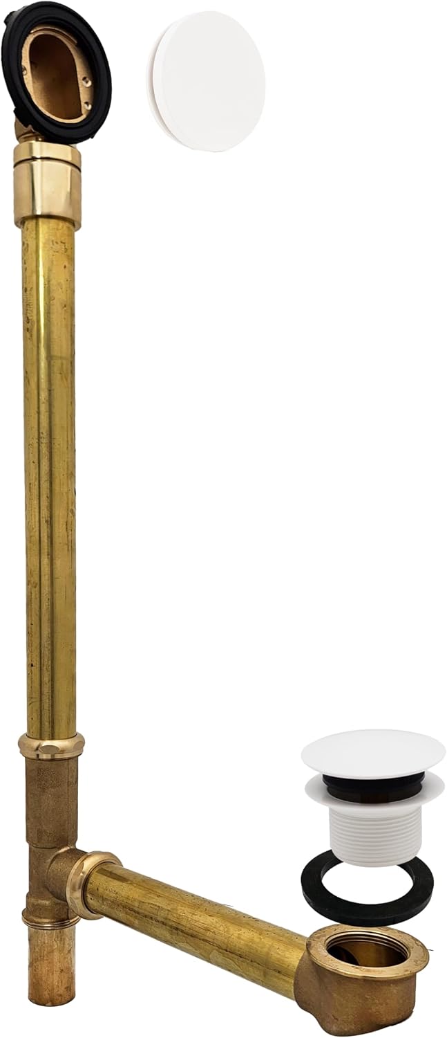 Westbrass A326HBJ-50 25' Brass Bath Waste & Overflow Assembly with European Tip-Toe Drain Plug and Illusionary Faceplate, Powder Coat White