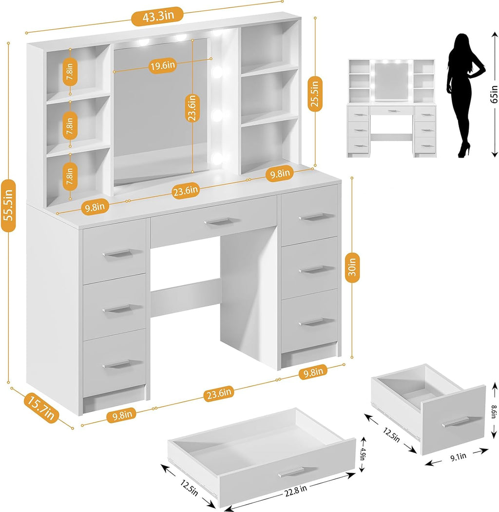 DINGIPP Makeup Vanity Desk with Mirror,10 Lights and Power Strip,Large Makeup Vanity with Shelves and 7 Drawers, Vanity Desk Dressing Table with 3 Color Adjustable Light,Vanity Table (White)