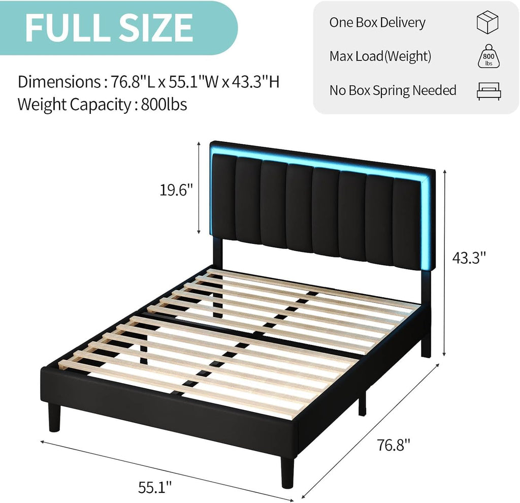 IMMERSTABLE Full Size Bed Frame with RGB LED Lights, Upholstered Platform Bed Frame with Headboard, Wood Slat Support, No Box Spring Needed, Quiet Design, Easy Assembly, Black