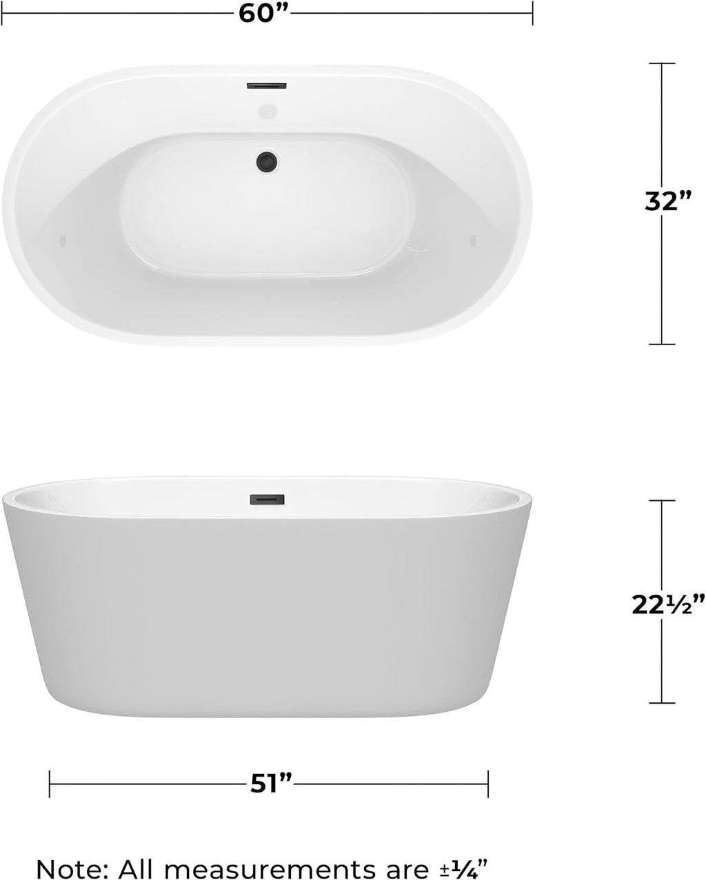 Carissa 60 Inch Freestanding Bathtub in White with Matte Black Drain and Overflow Trim