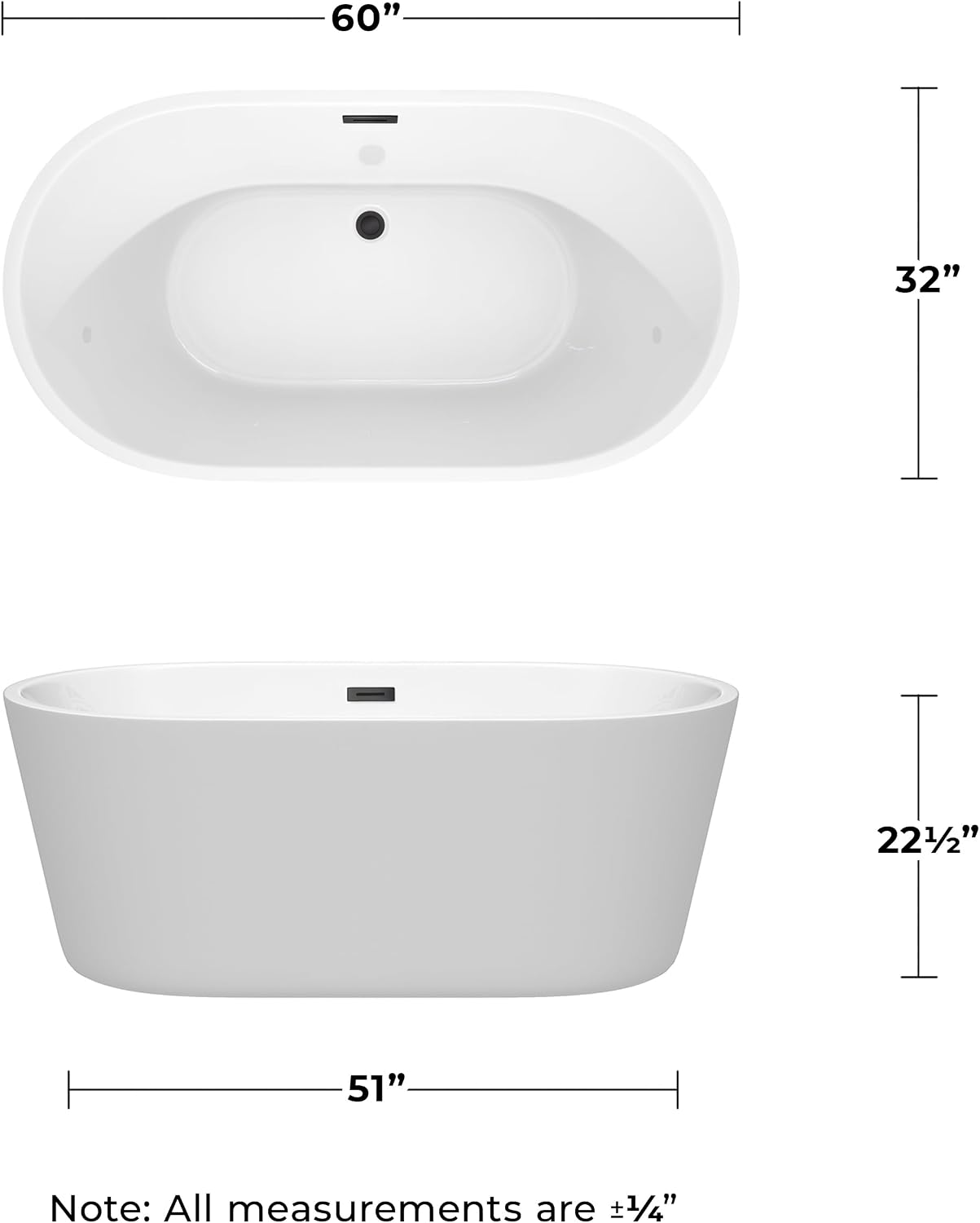 Carissa 60 Inch Freestanding Bathtub in White with Matte Black Drain and Overflow Trim