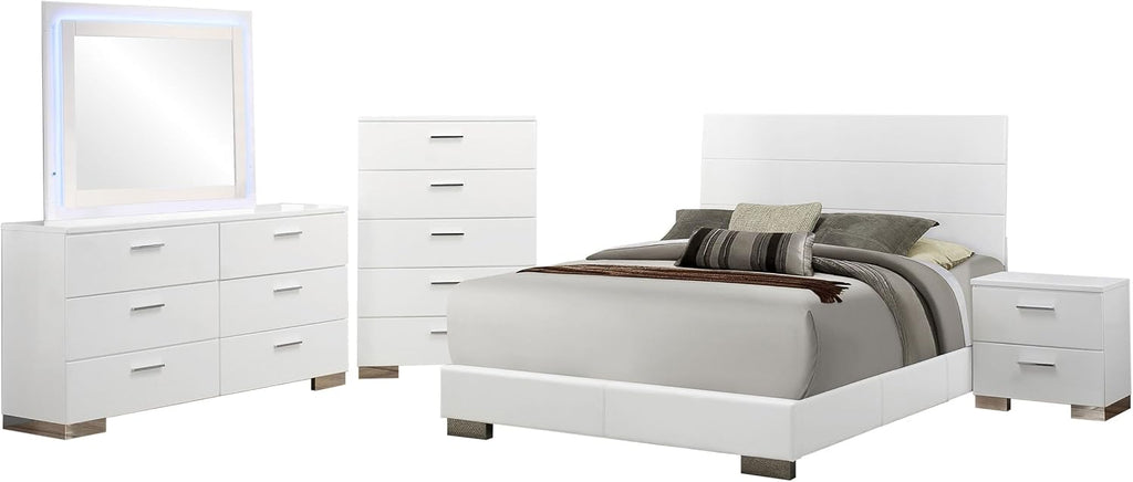 Coaster Home Furnishings Felicity Contemporary 5-Piece Bedroom Set California King Size Panel Bed Frame 51-inch Headboard White High Gloss 203501KW-S5L