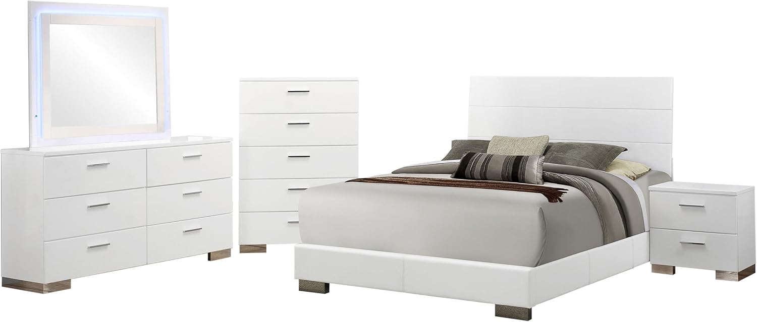 Coaster Home Furnishings Felicity Contemporary 5-Piece Bedroom Set California King Size Panel Bed Frame 51-inch Headboard White High Gloss 203501KW-S5L