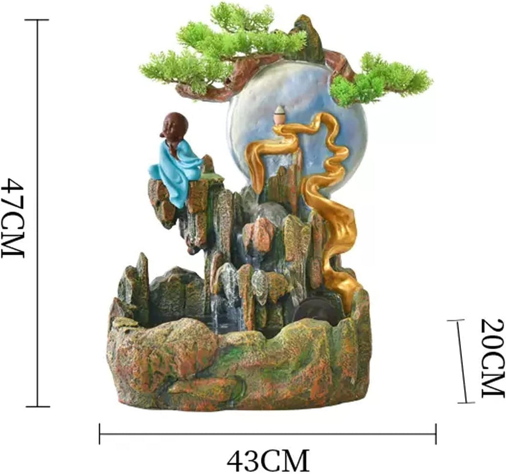 Desktop Fountain Tabletop Water Fountain, Indoor Waterfall with Mist Maker and Resin Artificial Trees, Small Buddha Statues, Moon Sculptures for Home Office Decor