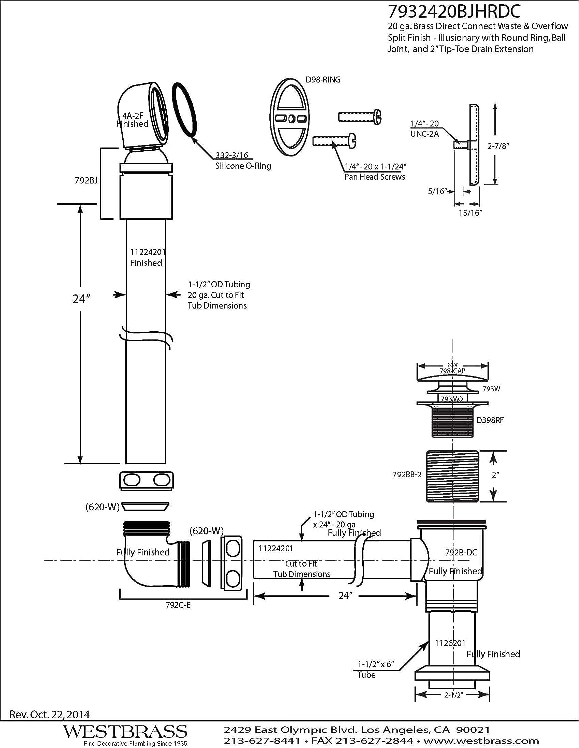 Westbrass 24' Direct Outlet Semi-Exposed Waste & Overflow with Ball Joint and Tip-Toe Drain, Polished Nickel, 7932420BJHRDC-05