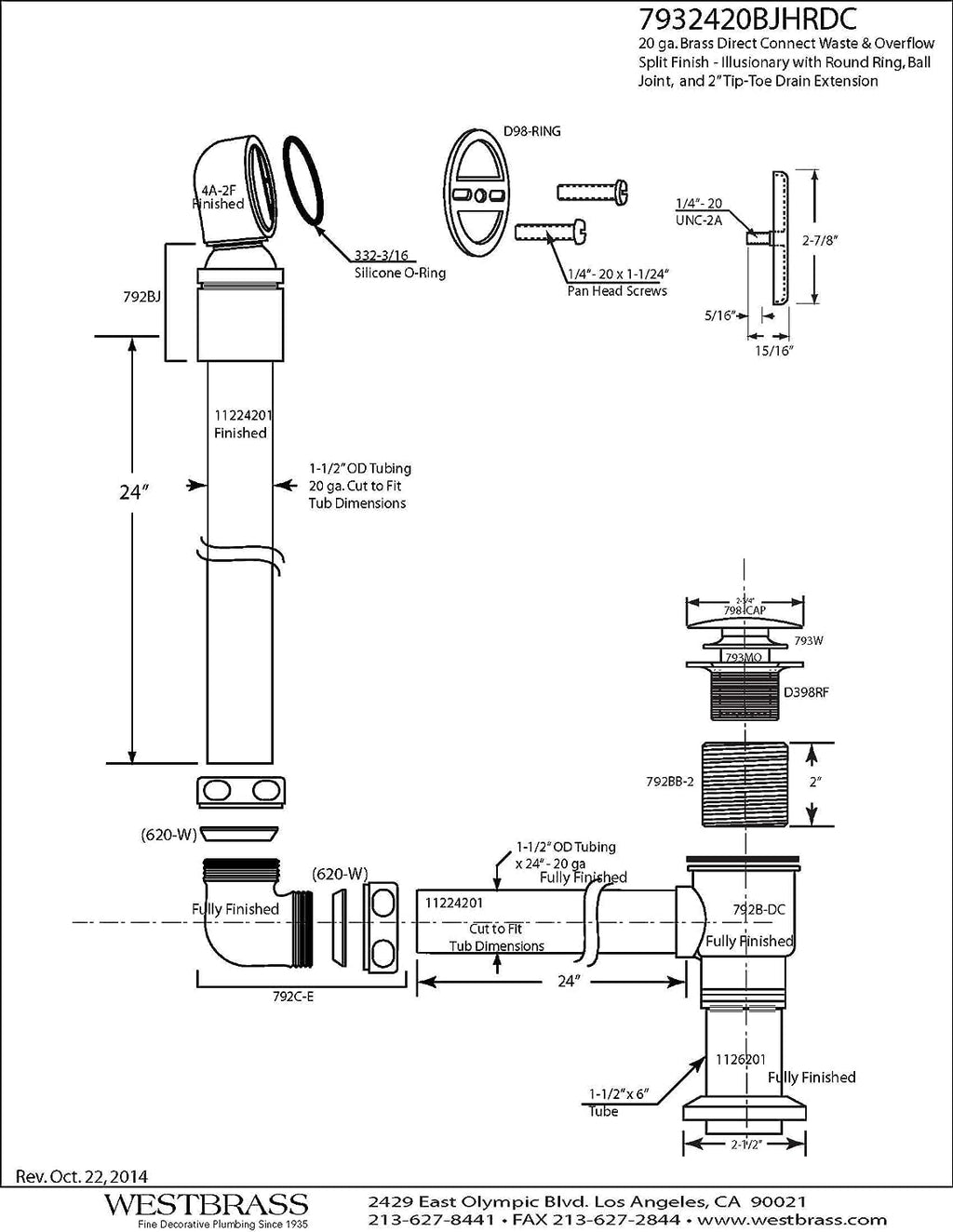Westbrass 24' Direct Outlet Semi-Exposed Waste & Overflow with Ball Joint and Tip-Toe Drain, Polished Brass, 7932420BJHRDC-03