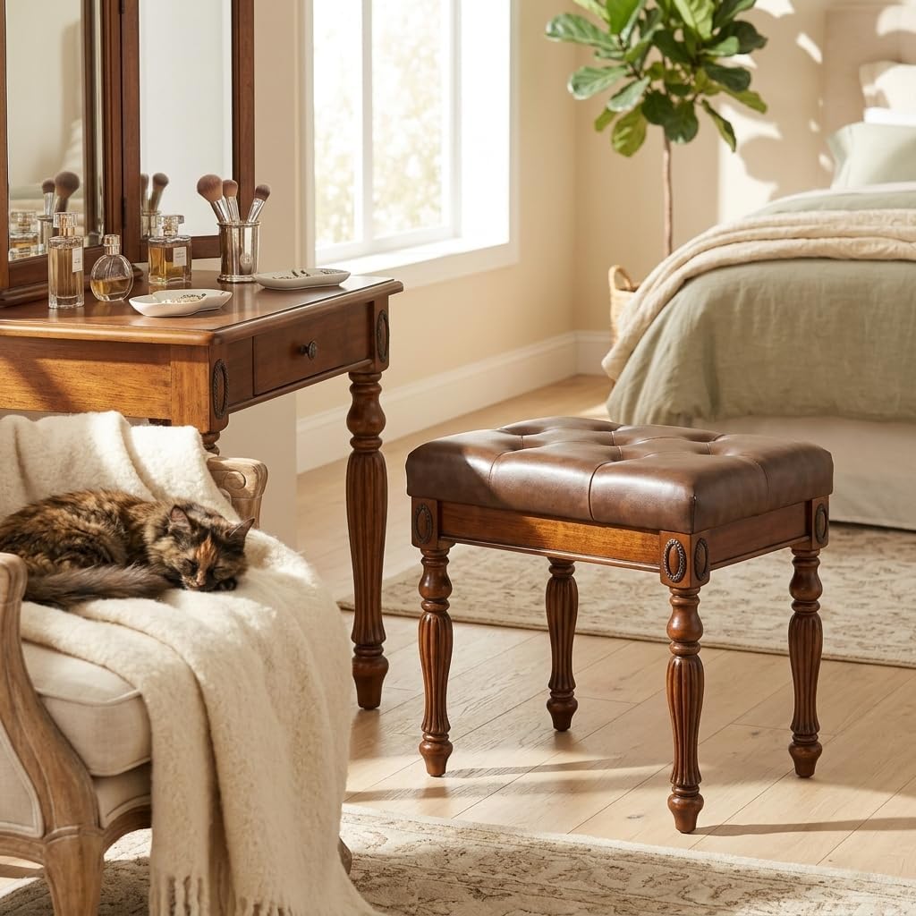 Vanity Stool Bench for Makeup Room, Upholstered Piano Bench with Faux Leather, Shoe Bench with Carved Wood Leg, 18.5' x 14.2' x 19.1' Bed End Benchs, Tool-free Assembly, Walnut &Cherry Brown FD1533BN