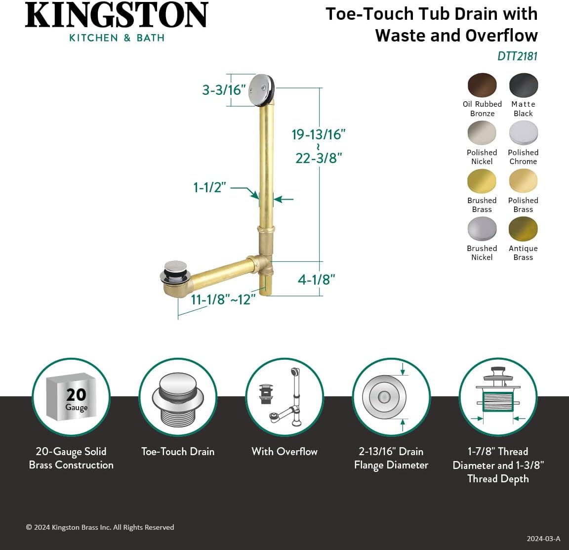 Kingston Brass DTT2185 18-Inch Tub Waste and Overflow with Tip and Toe Drain, 23-1/2-Inch, Oil Rubbed Bronze