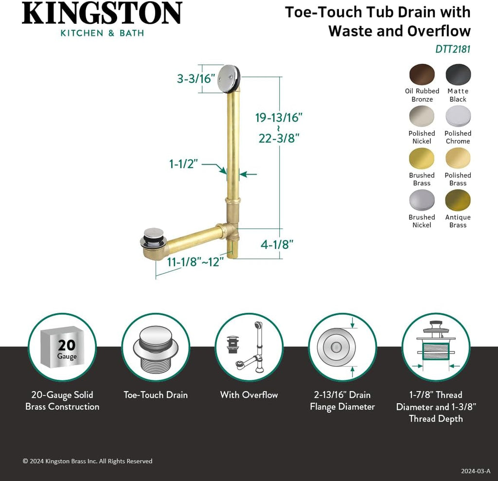 Kingston Brass DTT2183 23-Inch Tip-Toe Tub Waste and Overflow, 20 Gauge, Antique Brass