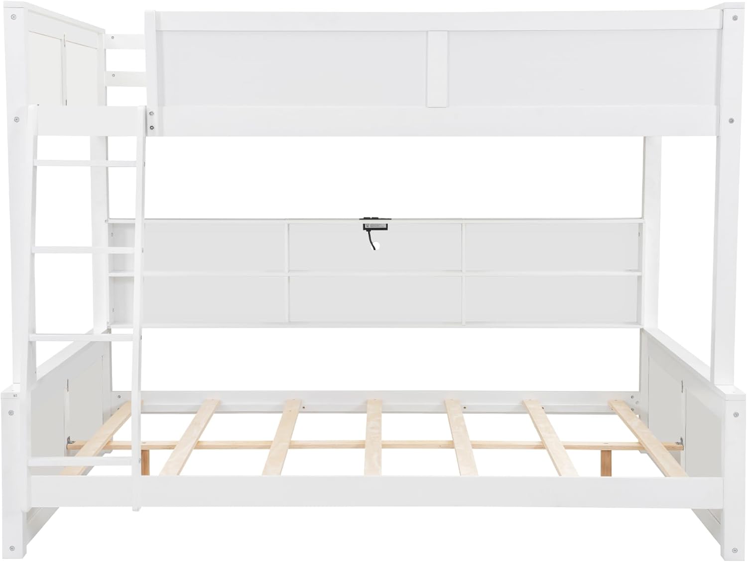 RUNNA Twin XL Over Queen Bunk Bed with Storage Cabinets and USB Ports, Solid Pine Wood Frame, Safety Guard Rails, No Box Spring Needed (Antique White1, Twin XL Over Queen)