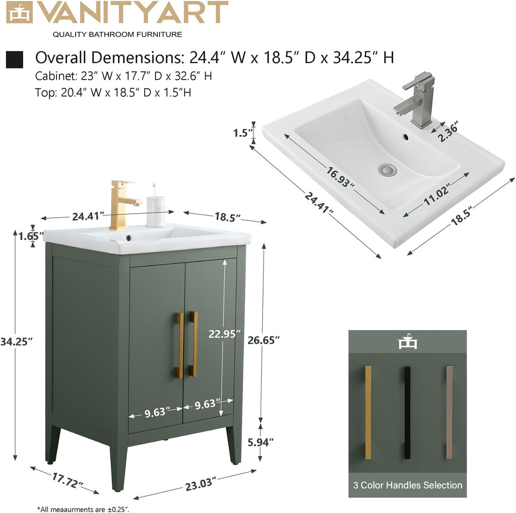 Vanity Art 24 inch Bathroom Vanity with Single Sink & Ceramic Top, Vanity Cabinet with Soft-Closing Doors, Solid Wood Frame, Vintage Green, VA9024-VG-BN1