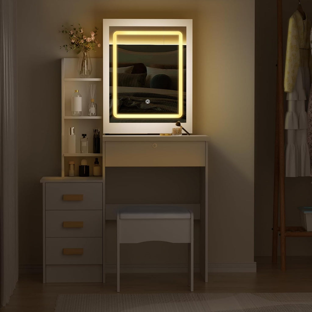 Vanity Desk with Mirror and Lights,Makeup Vanity Desk with Lights 3 Colors,Vanity with 4 Drawers,6 Shelves,Vanity Table Set with Bench for Bedroom,Dressing Table and Chair Set for Women Girls (White)