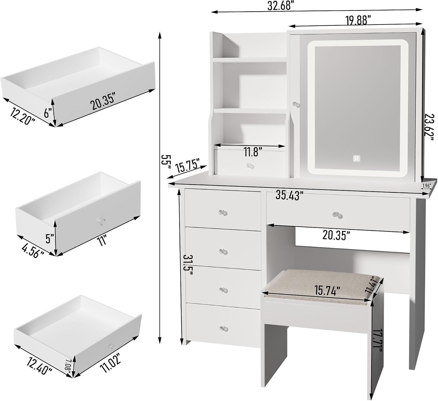 DYHOME Makeup Vanity Desk with LED Lights Mirror 3 Adjustable Modes and Power Outlets, Vanity Table with 6 Drawers Dresser and Bench, Makeup Desk for Bedroom Dressing Room, White
