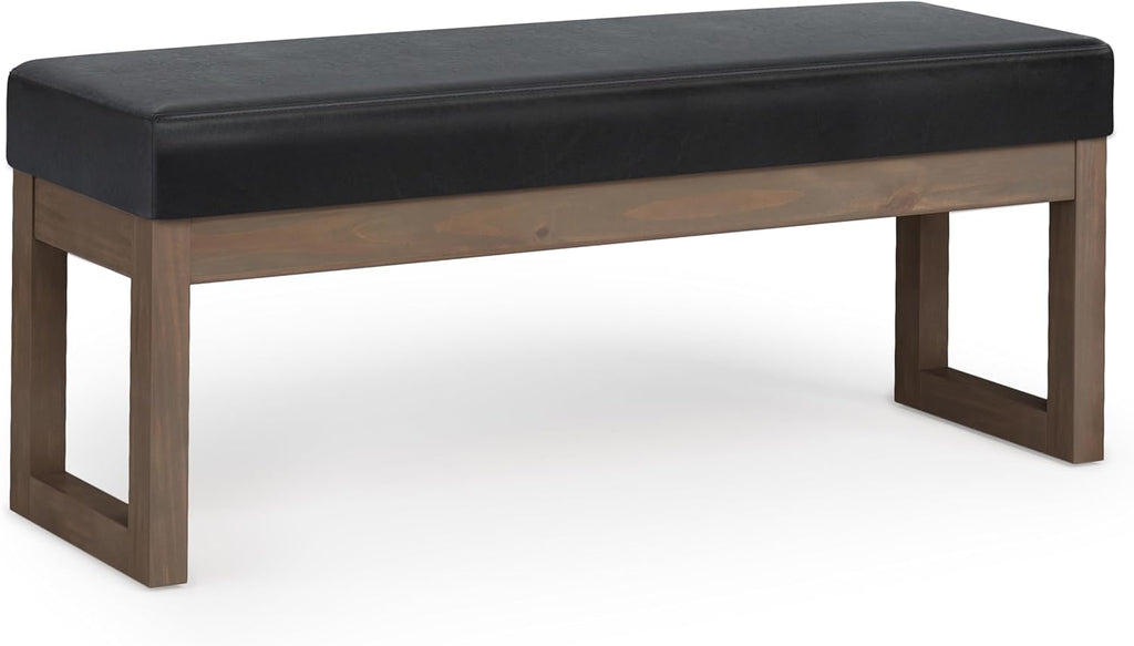 SIMPLIHOME Milltown Large Ottoman Bench - 44 inch Wide Upholstered Vegan Leather Rectangle Footstool Ottoman in Midnight Black, Contemporary Bench for Bedroom with Cushioned Seat, Assembled