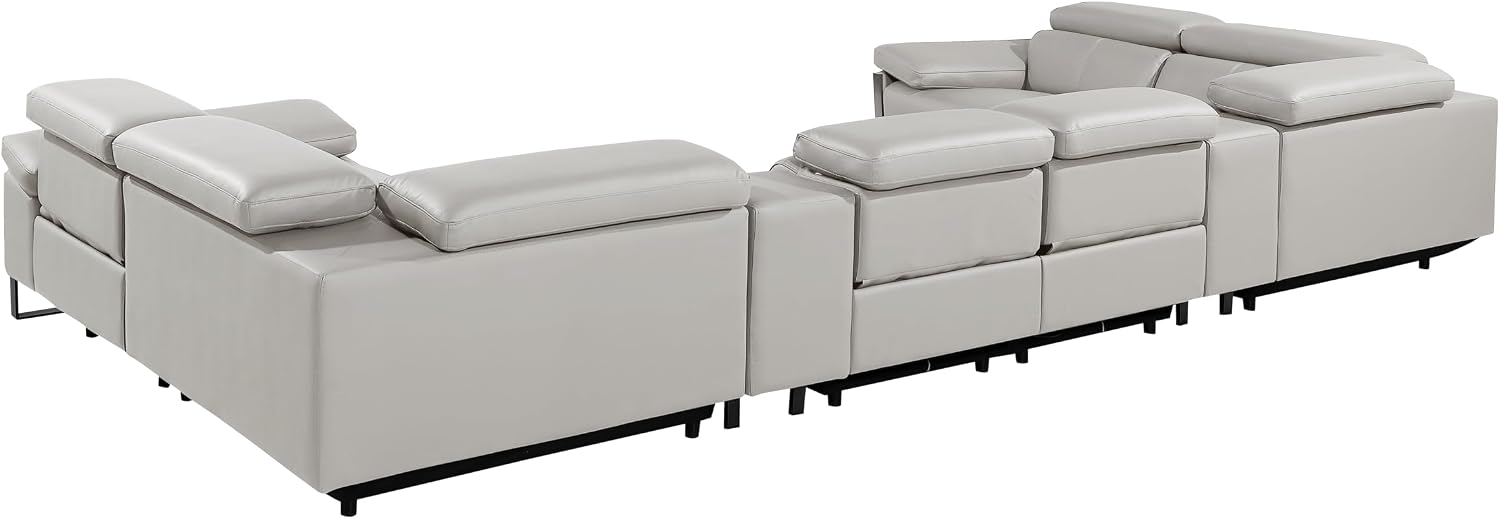 BlackJack Furniture Antonio 8 Piece U Shaped Power Reclining Sectional Sofa, Modular Couch with Top Grain Italian Leather, 4 Electric Recliners, USB & Wireless Chargers, Storage Console, Light Grey