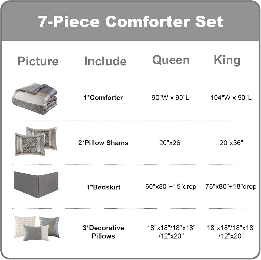 PANGUSHAN 7 Pieces Comforter Set Queen Size, Luxury Silky Elegant Jacquard Fluffy Reversible Bedding Set with Bed Skirt, Shams and Pillows, Bed in a Bag Queen, Down Alternative, Gray